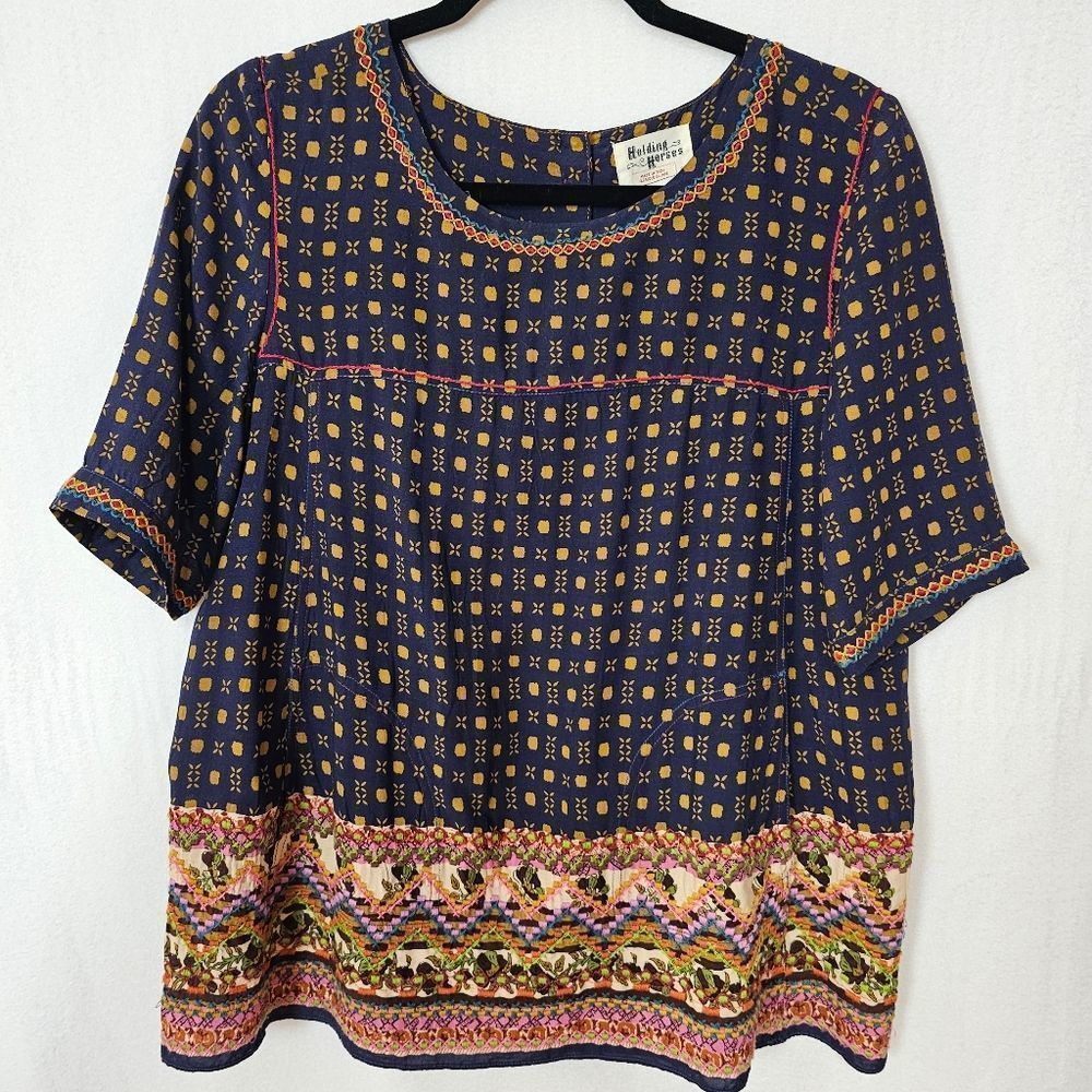HOLDING HORSES Navy and Yellow Patterned Blouse